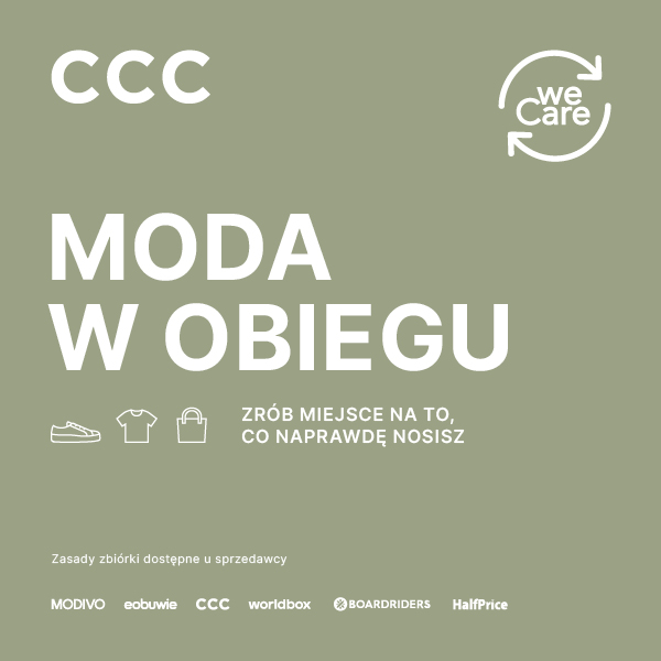 _600 x 600_PL_PR_MODA_W_OBIEGU We wszystkich sklepach stacjonarnych CCC, HalfPrice, eobuwie, Boardriders w Polsce rozszerzamy prowadzoną przez nas od 2020 roku zbiórkę używanego obuwia o kolejne kategorie produktów - ubrania i akcesoria! Dajemy modzie drugie życie, a Ty zyskujesz miejsce w szafie na ulubione modowe perełki. Ty też możesz się włączyć! Przynieś czyste, suche buty, a także odzież i dodatki dowolnej marki i włóż je do specjalnego pojemnika znajdującego się przy kasach. Zachęcamy Klientów do przynoszenia rzeczy, których już nie noszą.
